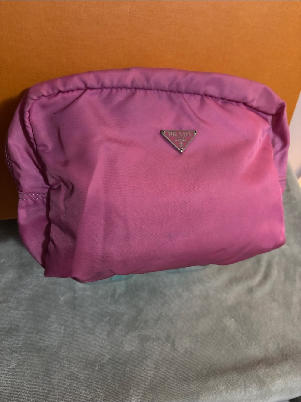 Prada Pink Nylon Triangle Logo Cosmetic Pouch